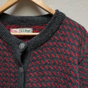 Scandinavian Vintage 1980s LL Bean Red Gray Birdseye Wool Fisherman Sweater